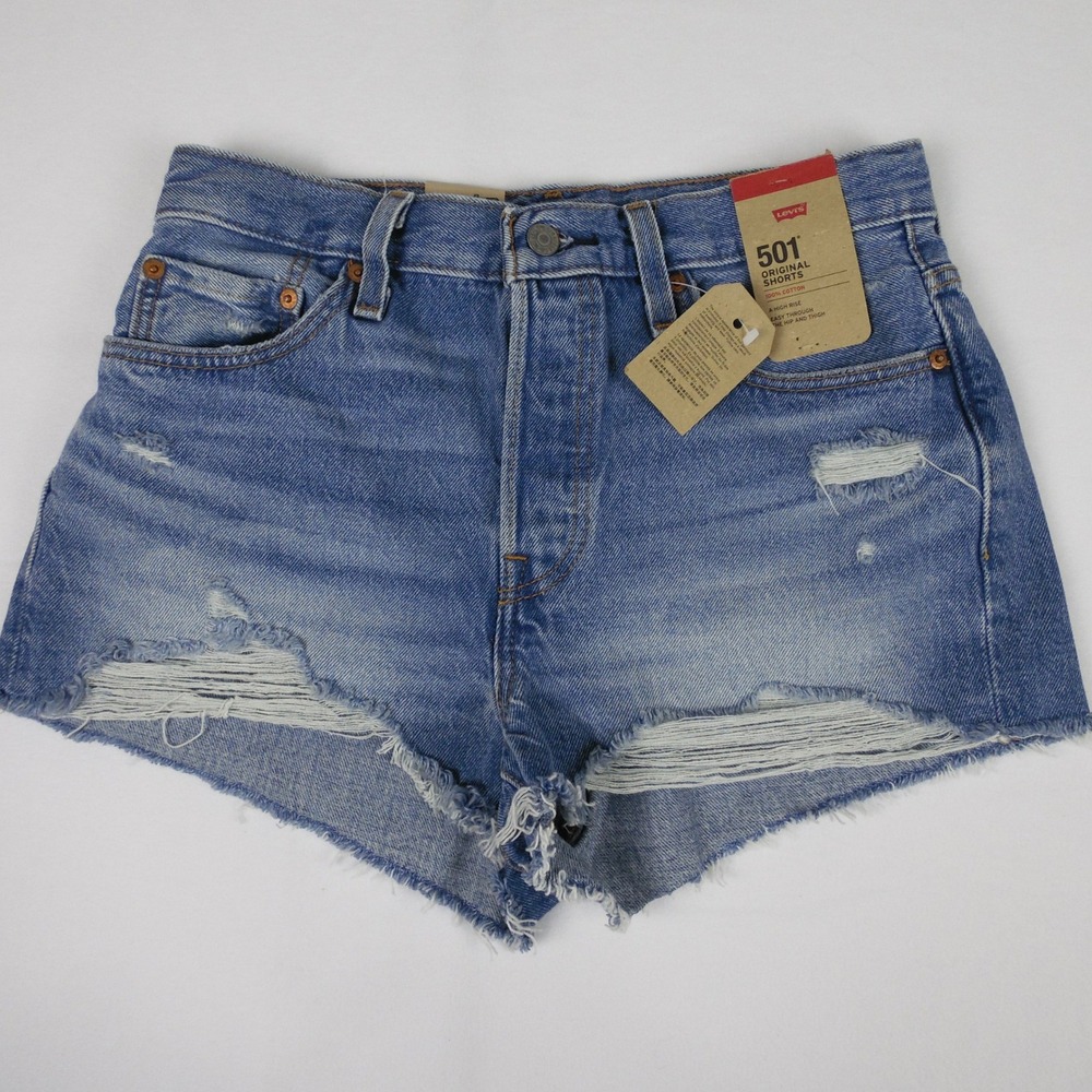 Levi's 501 Original‎ Shorts Women's Denim Blue Distressed Raw Hem Size 28